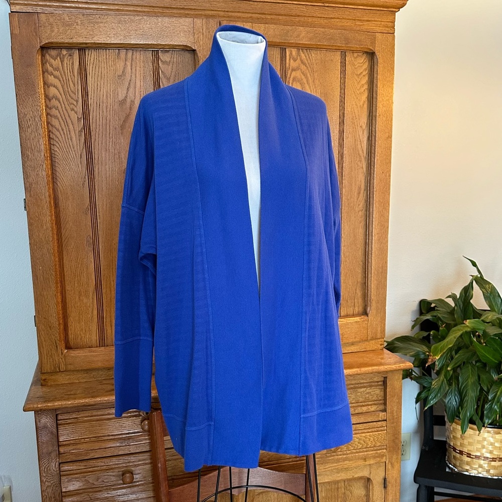 Liz Claiborne Blue Open Front Cardigan weekend royal blue stripes long cozy sz L - Picture 2 of 15